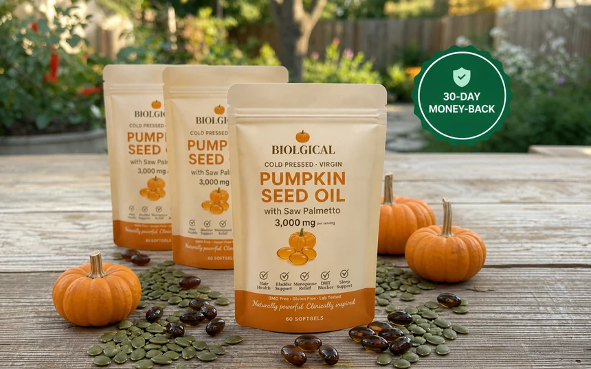 Biolgical Pumpkin Seed Oil Softgels with the pumpkin seeds they are pressed from