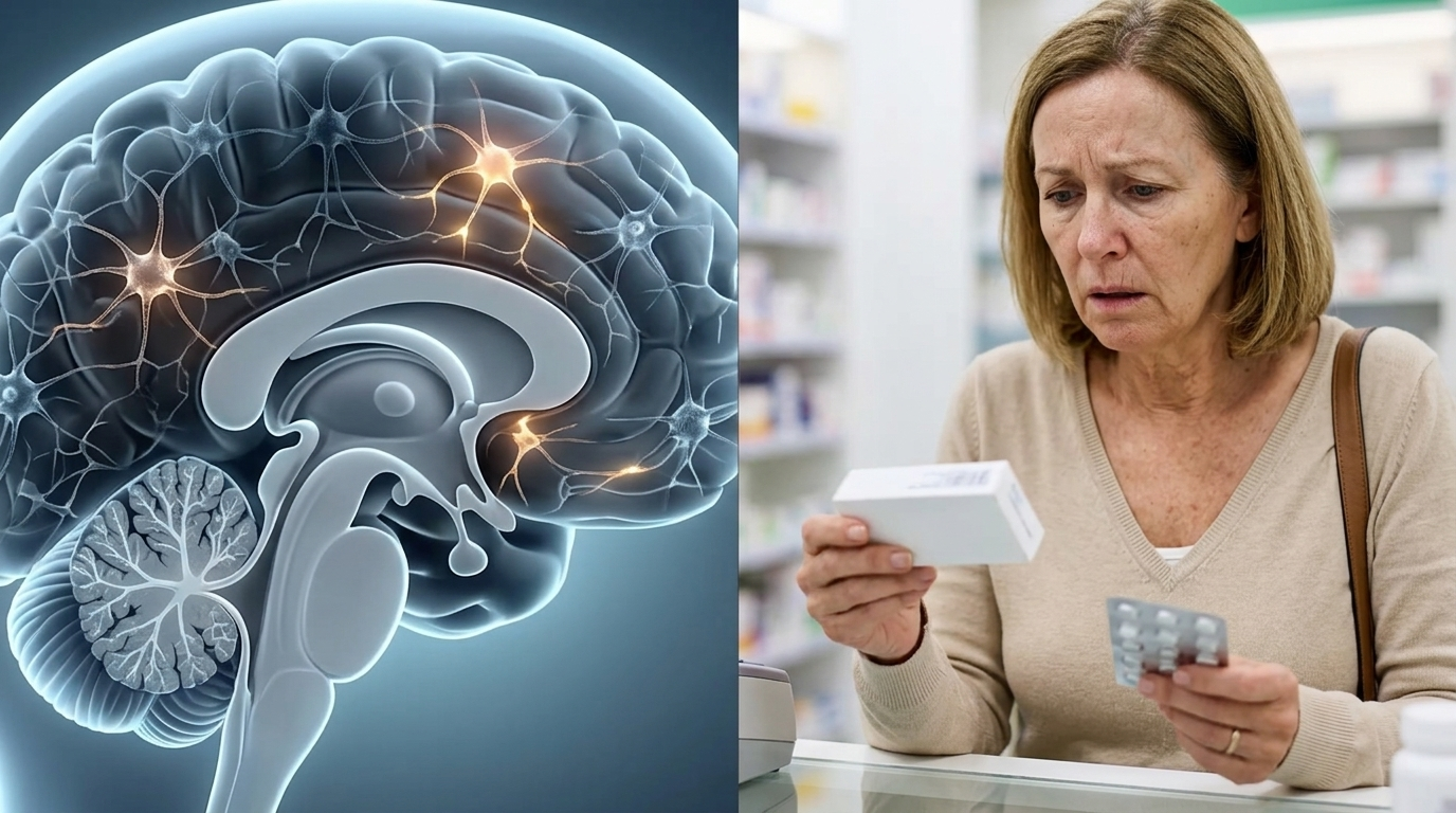 Left: brain signalling dimming as the messenger is blocked. Right: woman at the pharmacy counter with her pill box