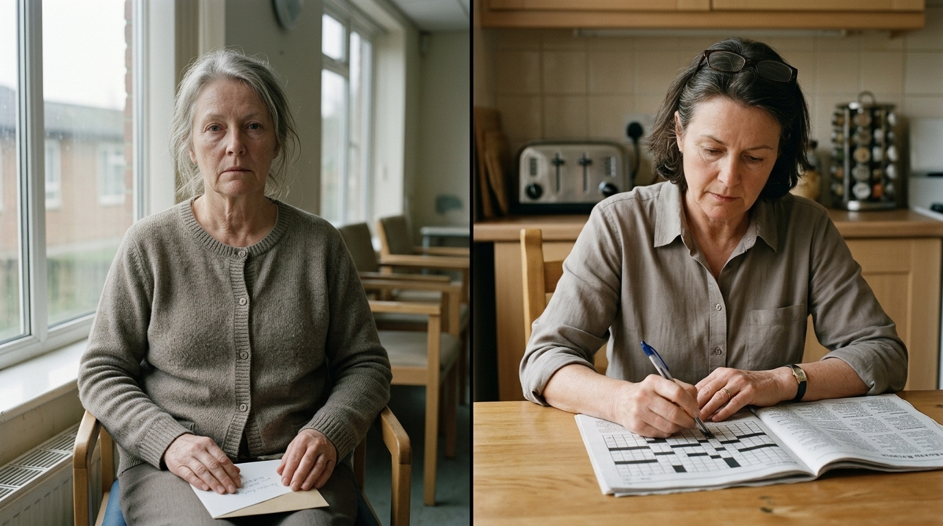 A woman in her late 60s in a care home beside an earlier photo of her doing a crossword in ink
