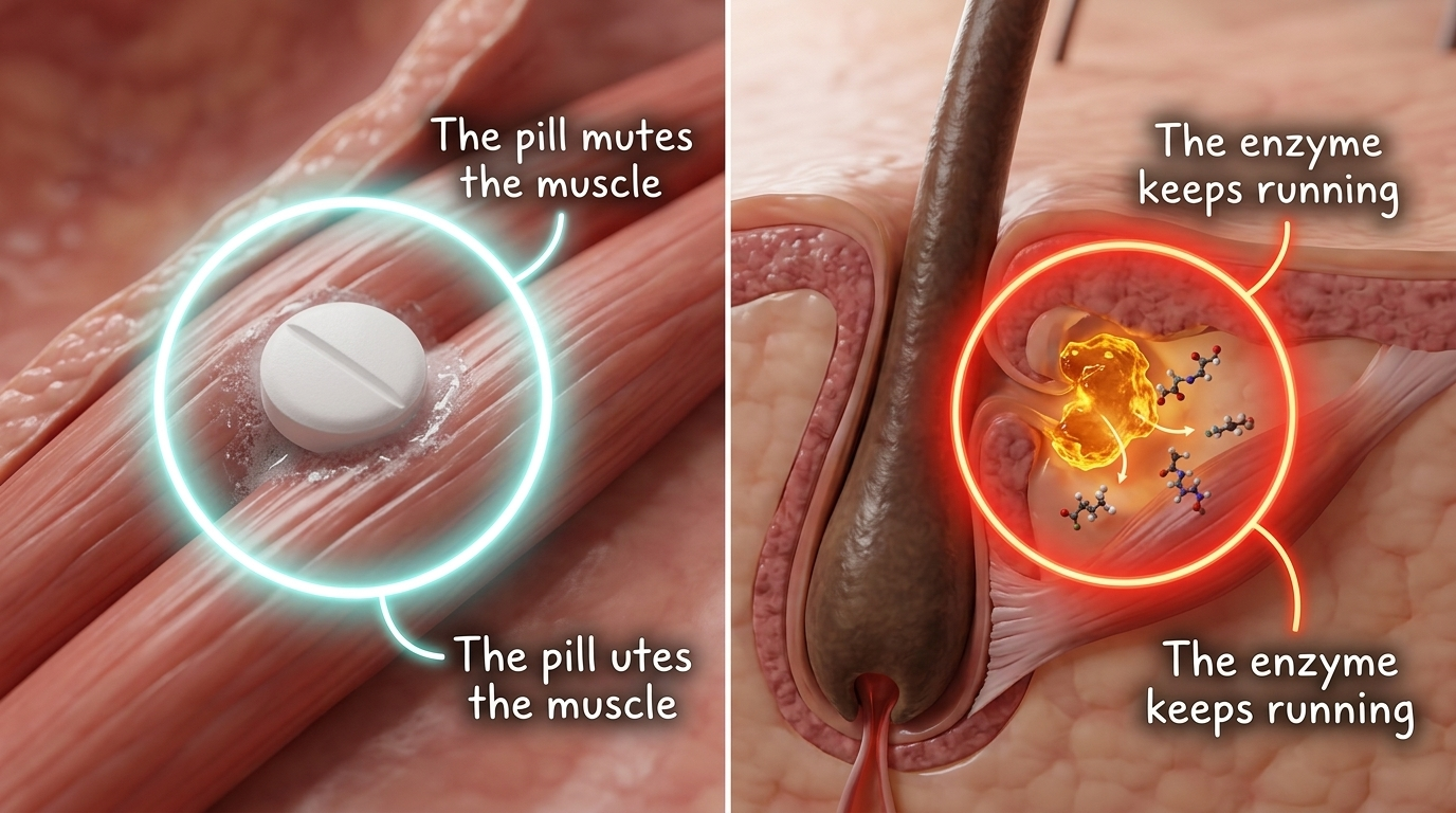 Left: the pill mutes the bladder muscle. Right: the enzyme keeps running at the root