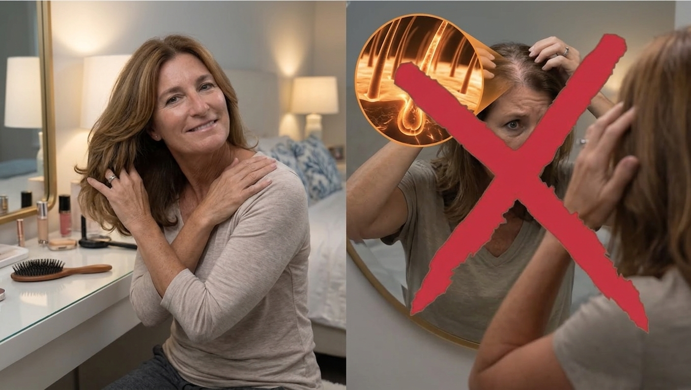 Left: fuller hair. Right: shrinking follicles under DHT damage
