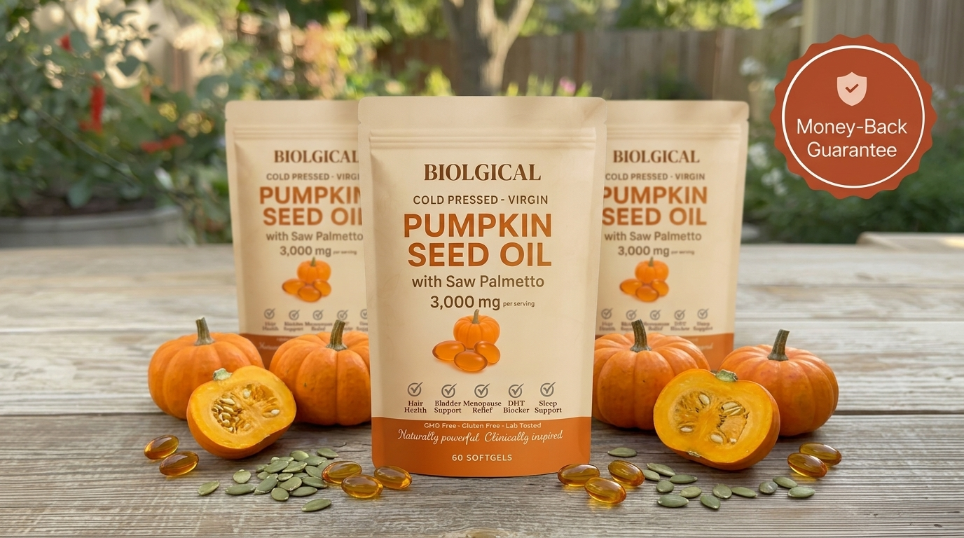 Biolgical Pumpkin Seed Oil Softgels with pumpkins and seeds, money-back guarantee