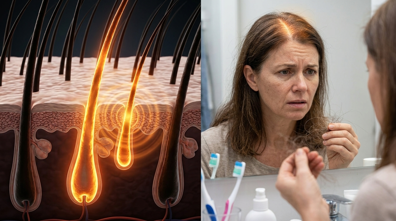 Left: hair follicles shrinking under DHT. Right: woman finding shed hair at the mirror