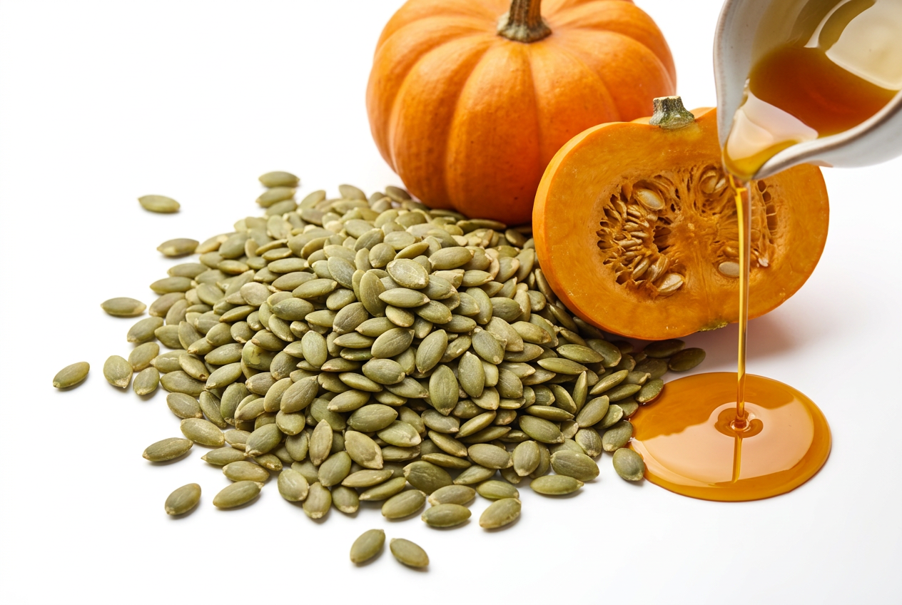 Whole and halved pumpkins with green pumpkin seeds and golden pumpkin seed oil