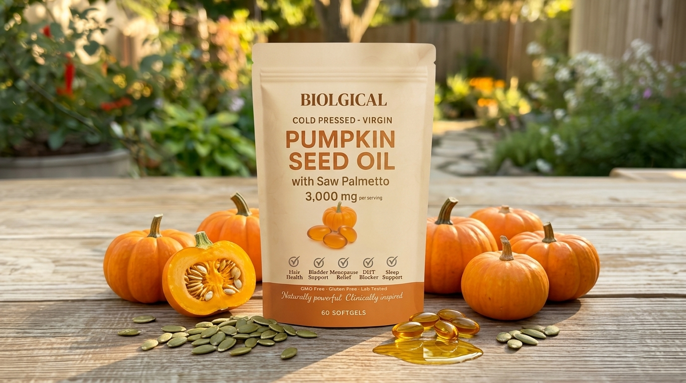 Biolgical Pumpkin Seed Oil Softgels pouch with pumpkins, seeds and softgels on a sunlit table