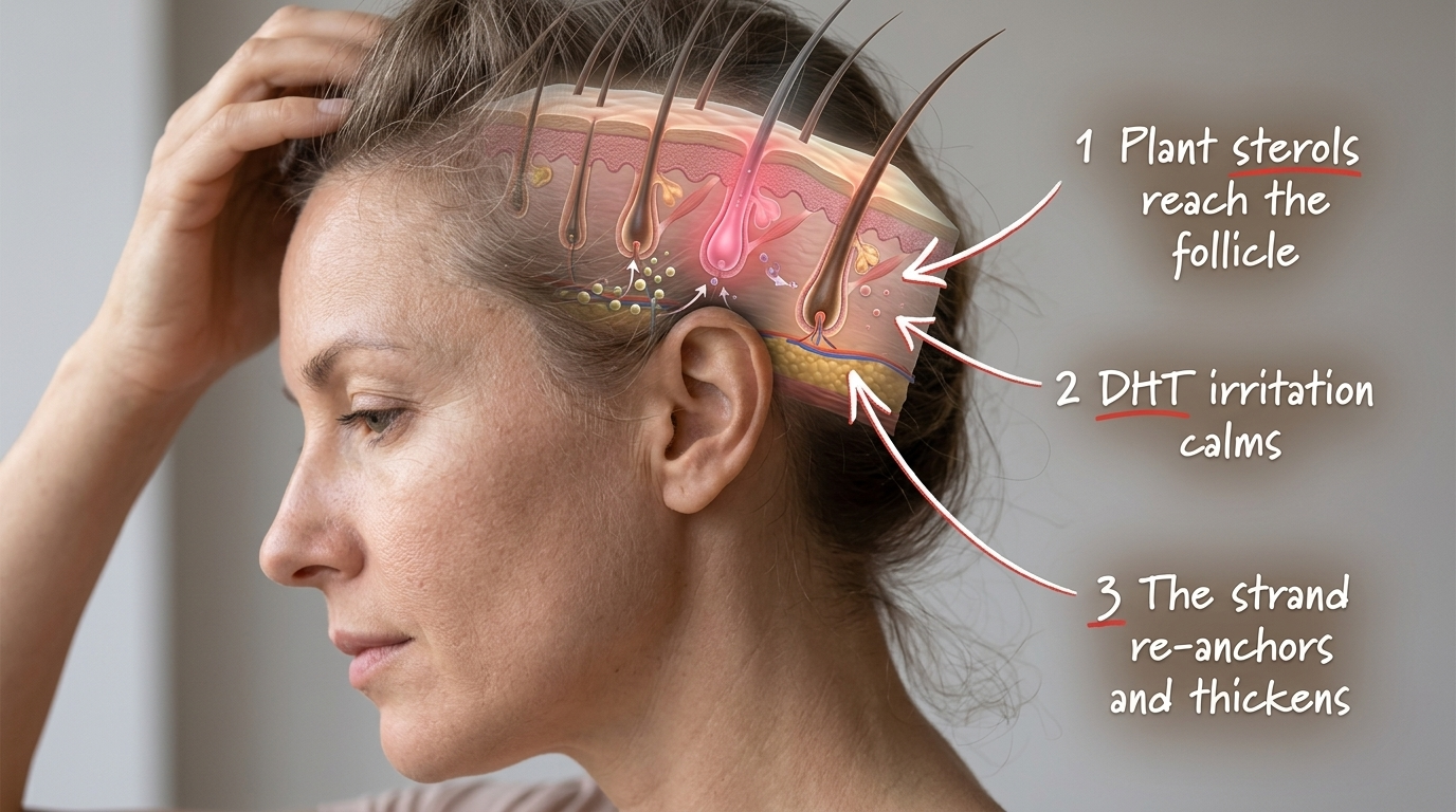 Three steps: plant sterols reach the follicle, DHT irritation calms, the strand re-anchors