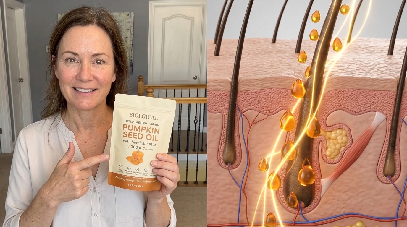 Woman holding Biolgical Pumpkin Seed Oil Softgels beside a CGI follicle absorbing the oil