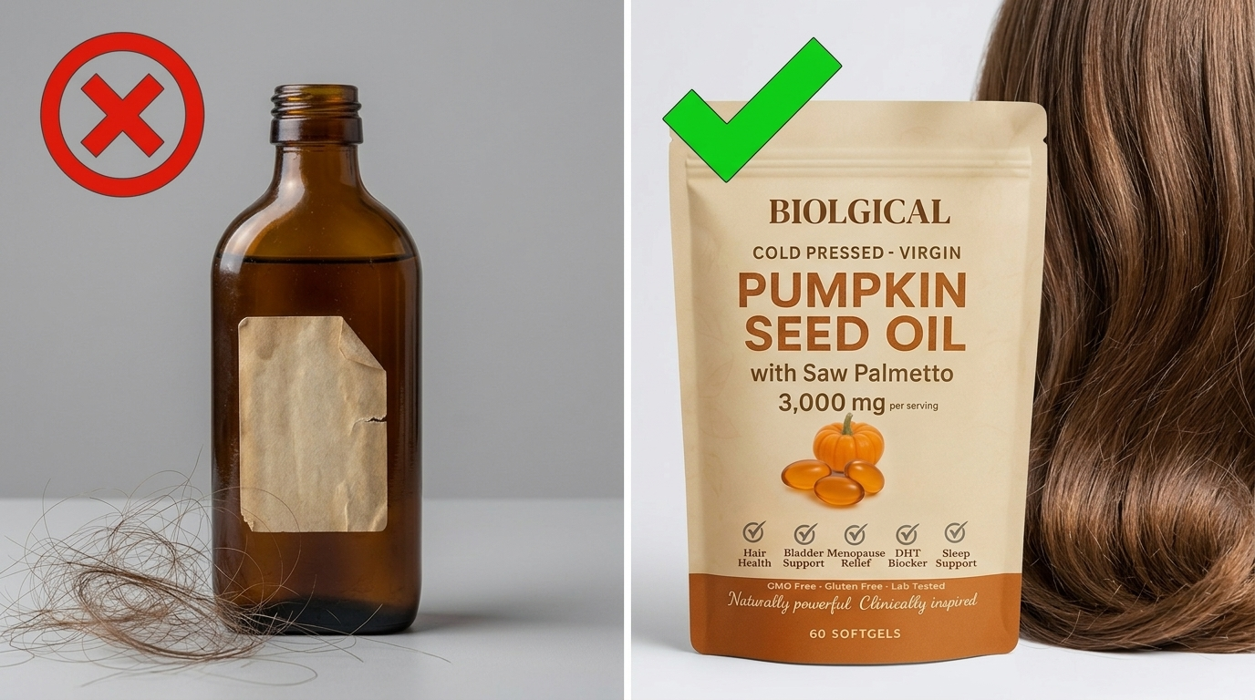 Generic overheated pumpkin oil versus Biolgical cold-pressed softgels