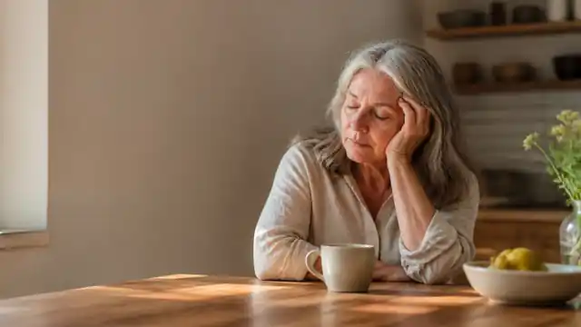 A woman of 60 at her kitchen table mid-afternoon, head in hand, eyes closing over a cold cup of tea