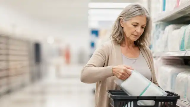 A woman of 60 placing a pack of incontinence pads into her supermarket basket