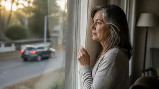 A woman of 60 at her front window holding the curtain, watching friends leave