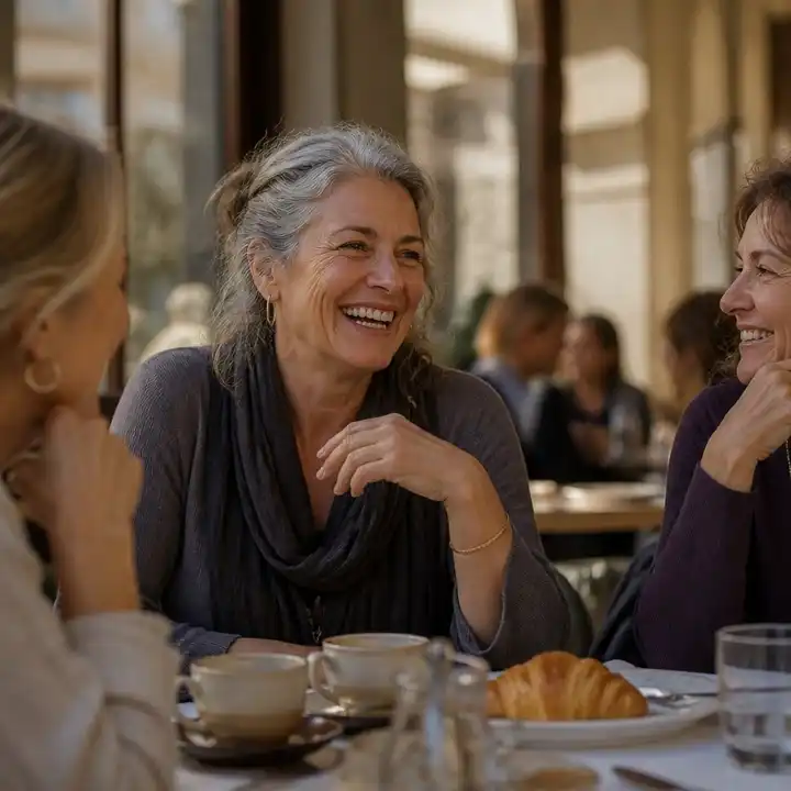 A woman of 60 laughing at a long café brunch with two friends, completely at ease