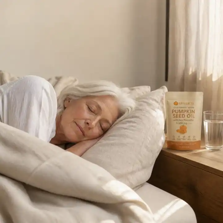 Enjoy a dry, full night's sleep: a woman asleep at dawn with the Biolgical pumpkin seed oil pouch on her nightstand
