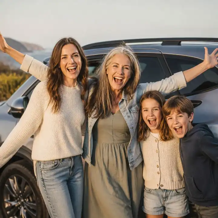 Get off the pill, get your days back: a woman laughing with her daughter and grandchildren at a rest stop