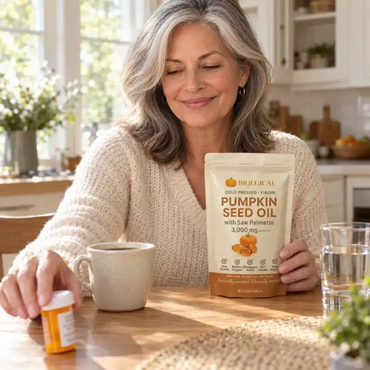 A woman of 60 at her kitchen table pushing an orange prescription bottle away while holding the Biolgical pumpkin seed oil pouch