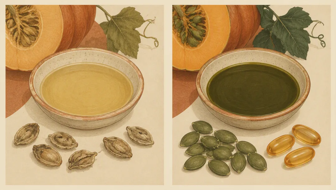 Left: thin pale heat-extracted oil with dull shrivelled seeds. Right: thick dark green cold-pressed oil with plump seeds and softgels