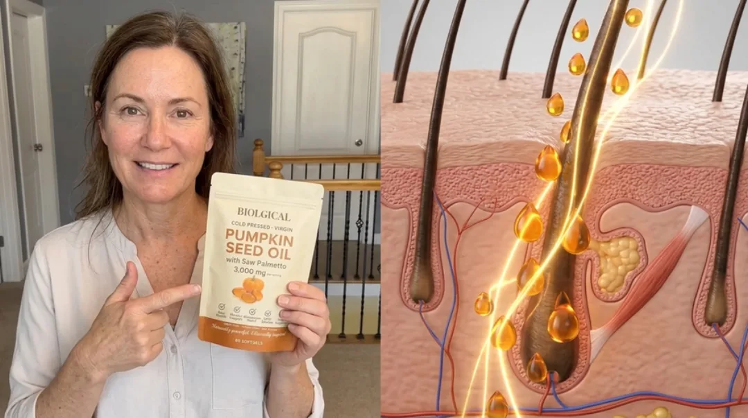 A woman holding Biolgical Pumpkin Seed Oil Softgels beside a CGI follicle absorbing the oil