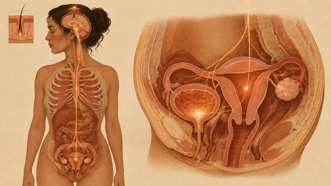 One hormone shift with three exits: the hair follicle at the scalp, the deep-sleep pathway at the brainstem, and the bladder lining, all traced back to a single source