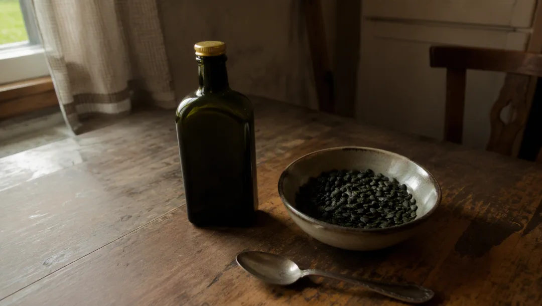 A bottle of cold-pressed pumpkin seed oil, a bowl of dark green Styrian seeds and a worn spoon on a farmhouse kitchen table