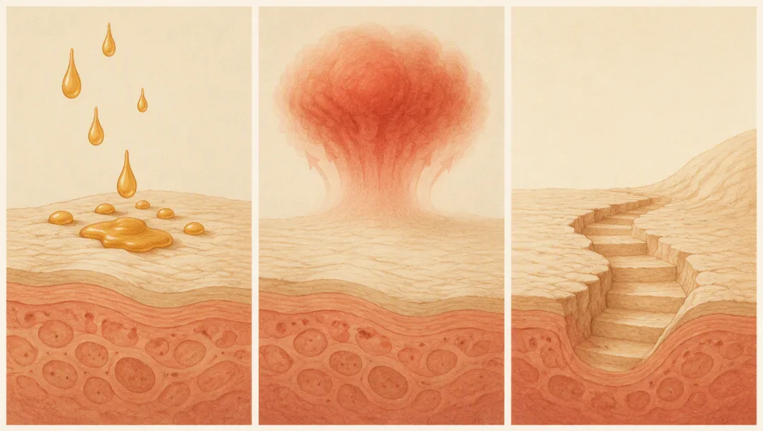 Three stages: the oil reaches the tissue, the inflamed pressure lifts away, and a worn descending path levels out and begins to climb again
