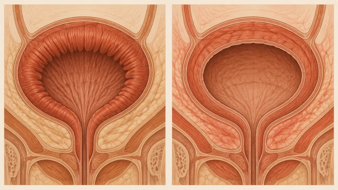 Two bladders side by side: left, a thick muscle contracting when it should not; right, the same muscle calm but the tissue around it thinned and reactive