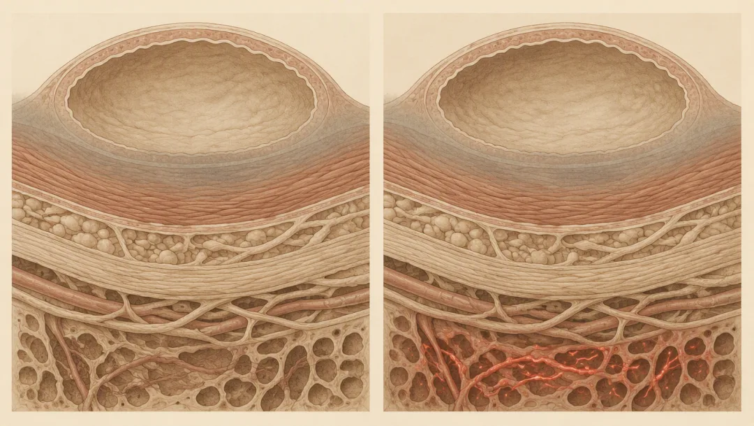 Left: the muscle layer gone quiet under a damping haze. Right: the same view, with the enzyme still running in the deep tissue far below it