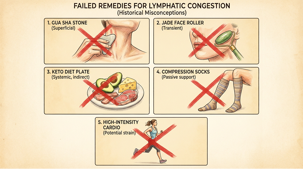 Diagram showing failed remedies for lymphatic congestion with illustrations and text.