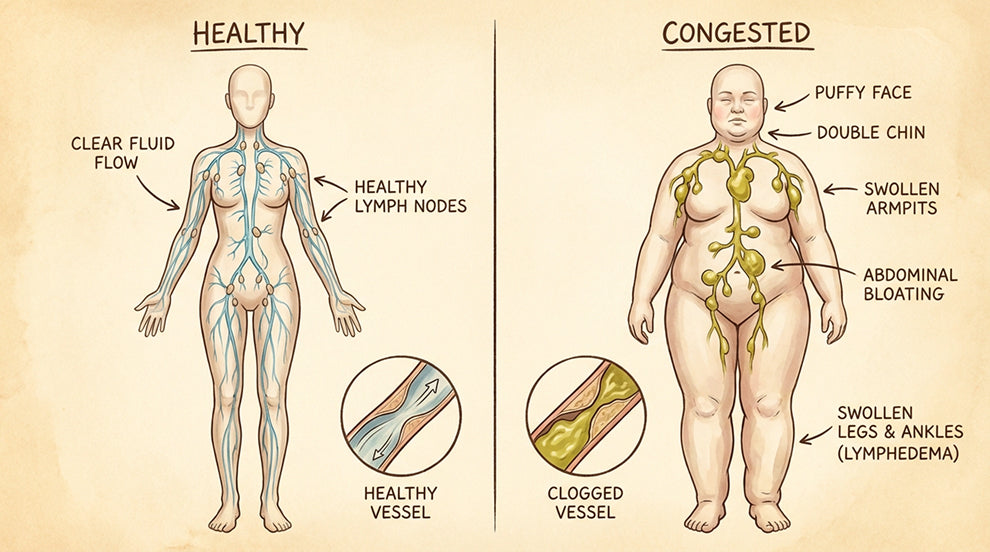Diagram comparing healthy and congested lymph systems with labeled body parts and symptoms.