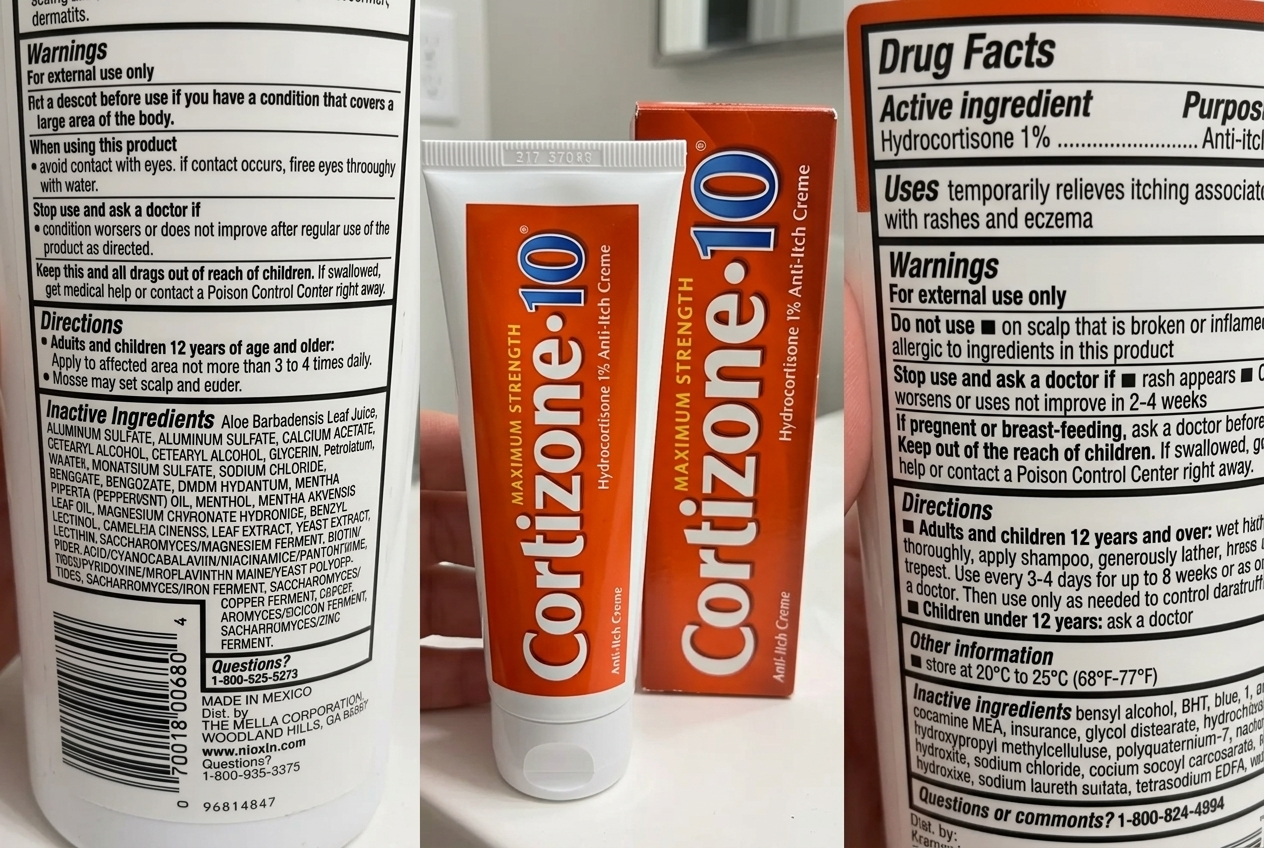The Drug Facts label on a steroid cream tube — one active ingredient, hydrocortisone 1%