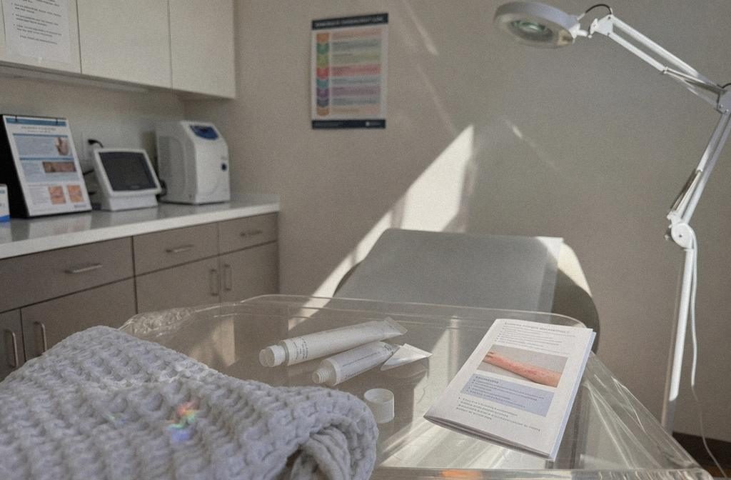 Steroid tubes and an eczema leaflet on a clinic treatment table