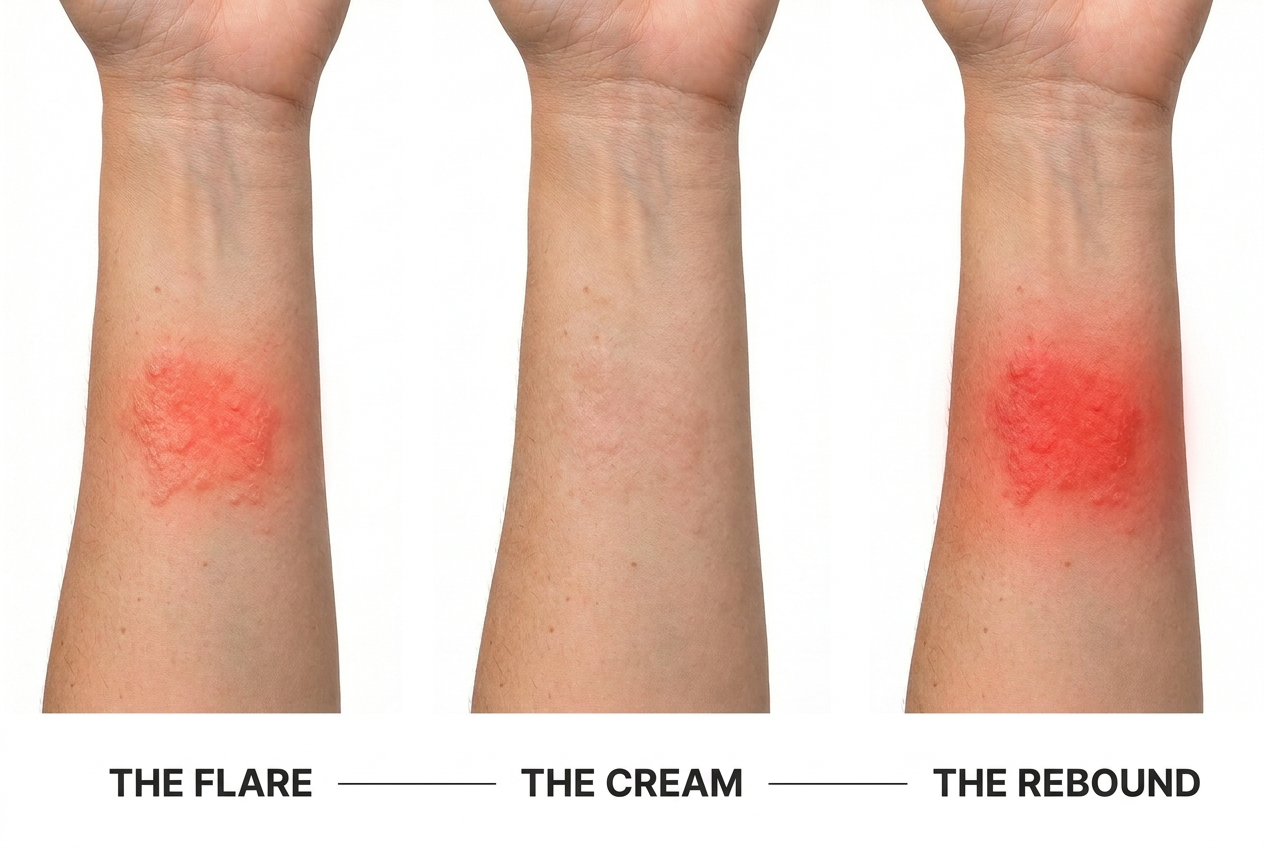 The same patch of eczema: flaring, calm after the cream, then flaring back wider