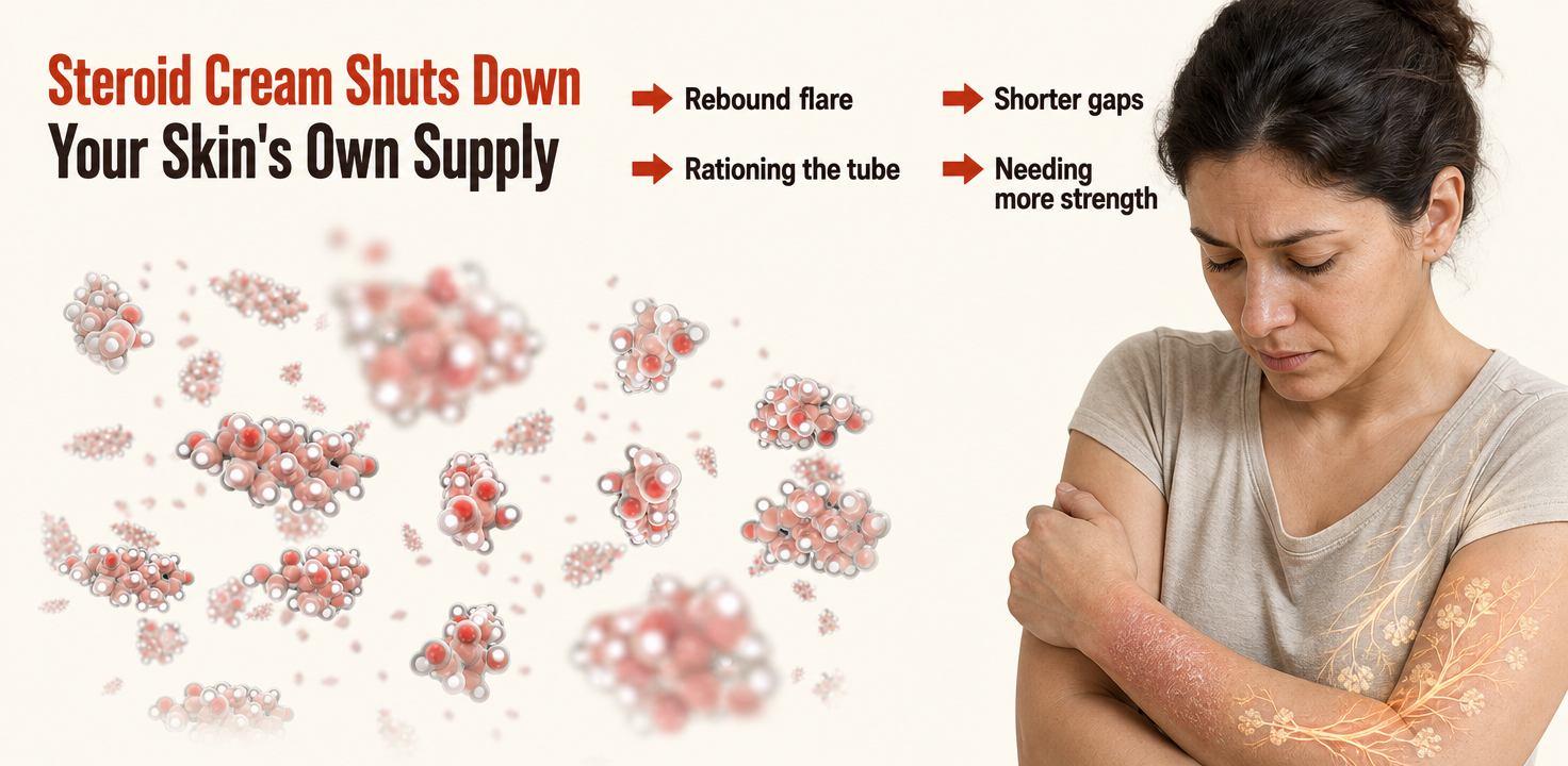 Steroid cream shuts down your skin's own supply — rebound flare, shorter gaps, rationing the tube, needing more strength