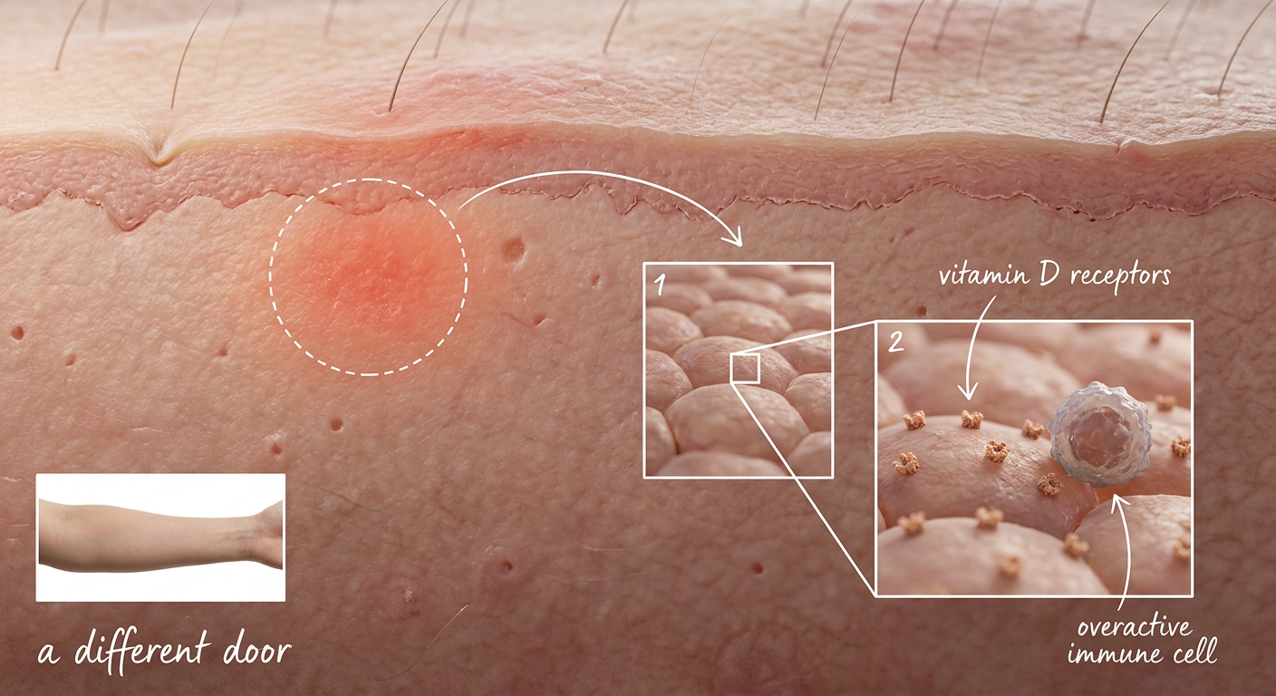 Zoom into skin cells showing vitamin D receptors and an overactive immune cell