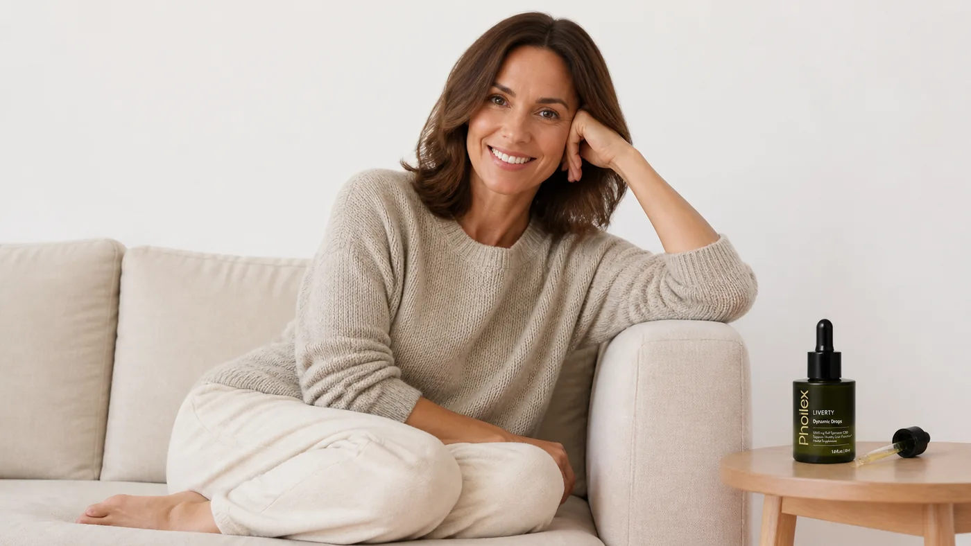 Woman relaxing at home with a bottle of Liverty Dynamic Drops