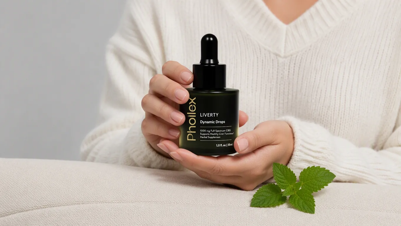 Hands holding a bottle of Liverty Dynamic Drops