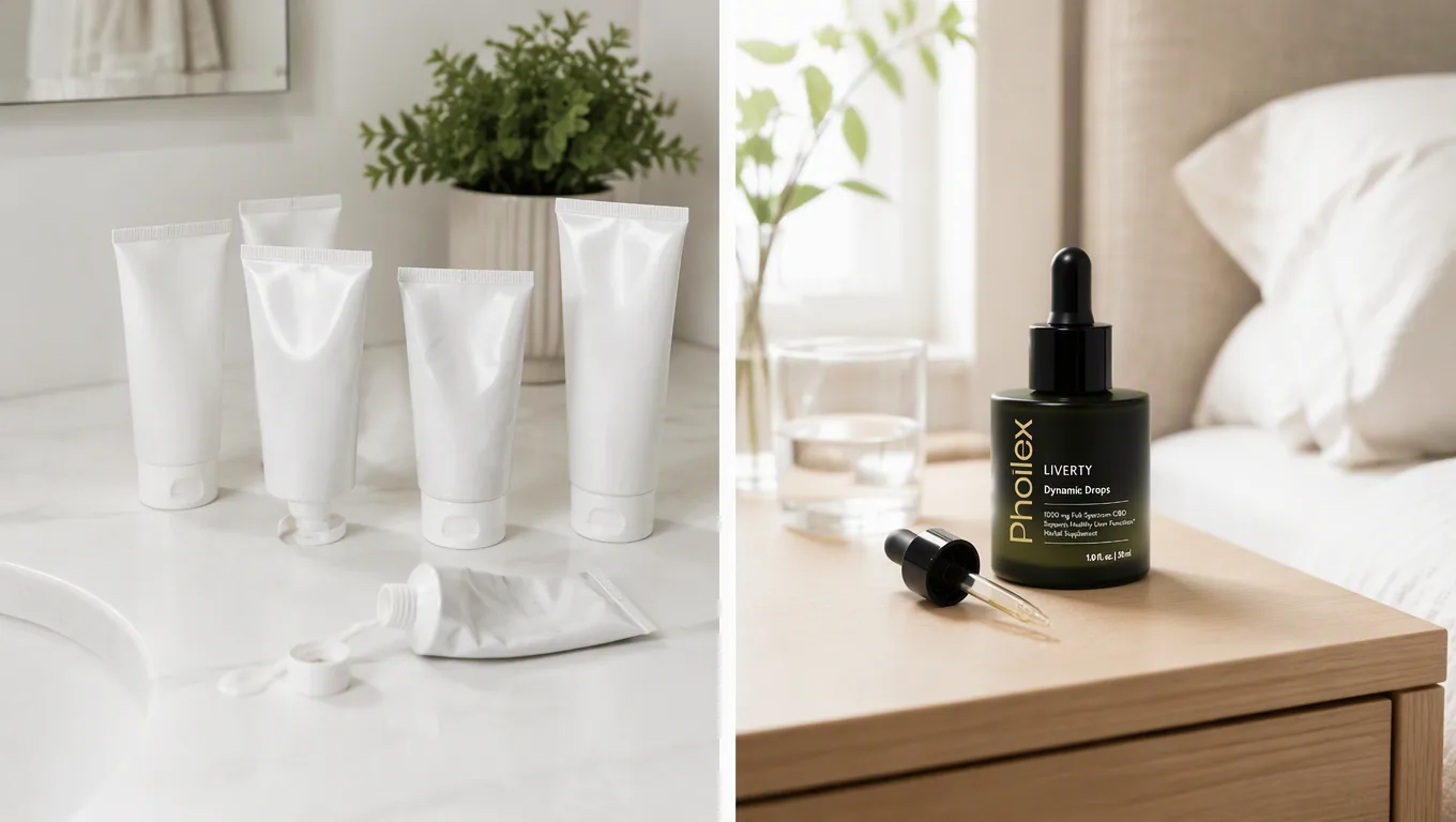 A counter of half-used cream tubes beside one bottle of Liverty on a bedside table