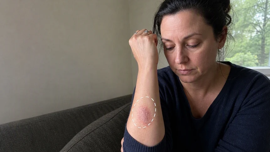 A woman on her sofa looking down at a patch of eczema on her inner forearm, the patch marked with a dashed circle