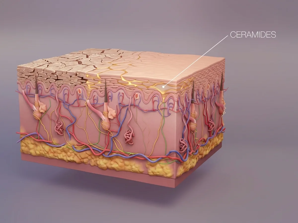 Three-dimensional cross-section of the skin barrier with the lipid layer between the cells labelled ceramides