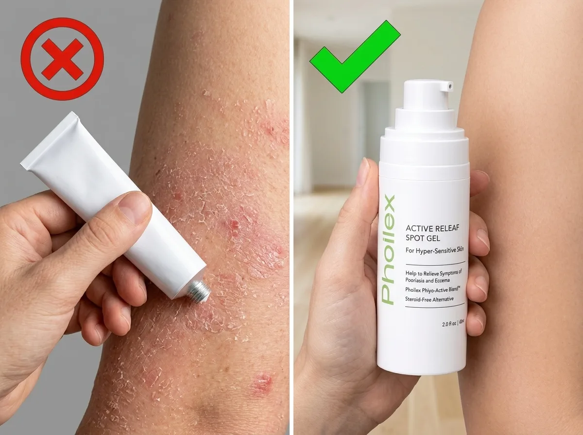 A steroid tube beside dry flaking skin marked with a red cross, and the Phoilex bottle marked with a green check