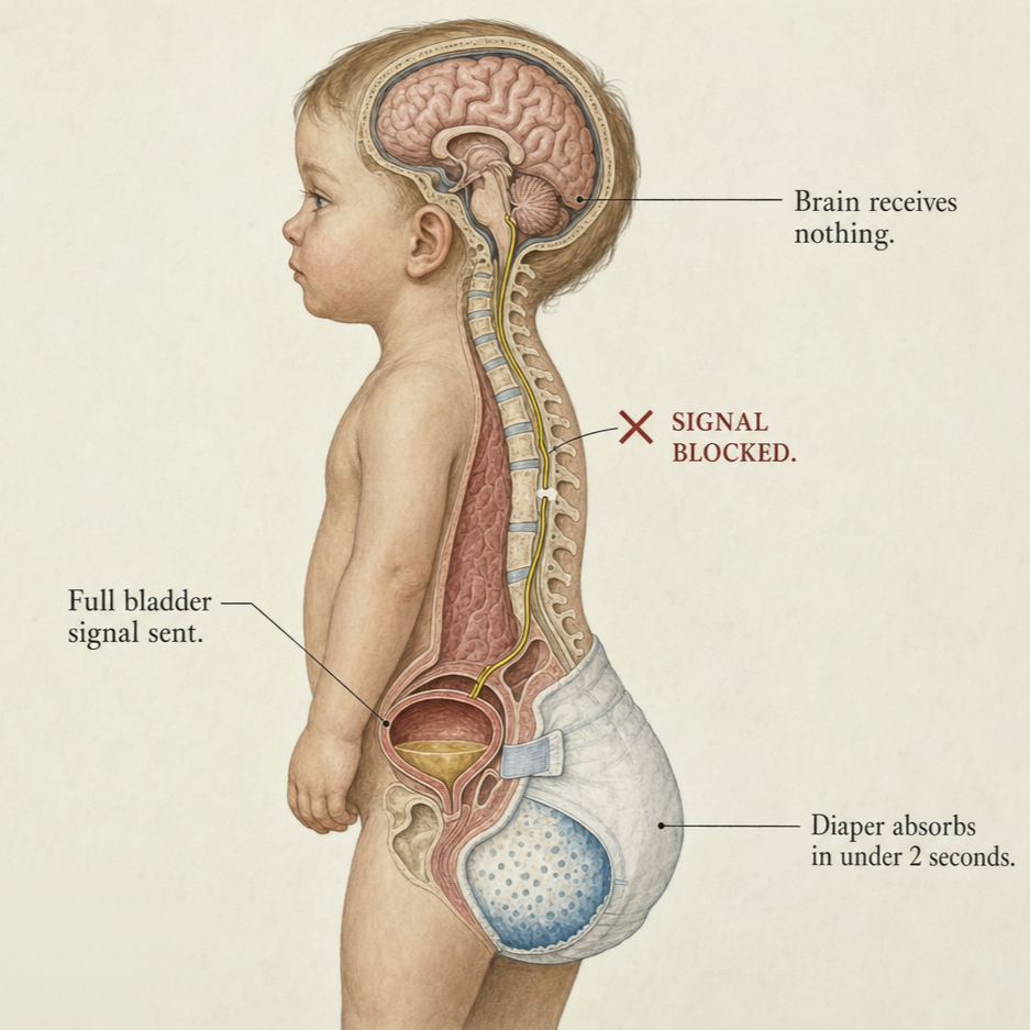 The feedback loop is broken where the diaper erases the signal